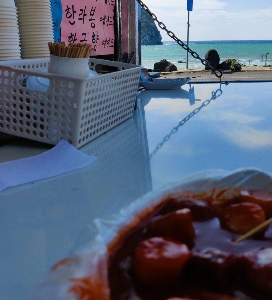 Tteokbokki on Jeju Island with a sea view