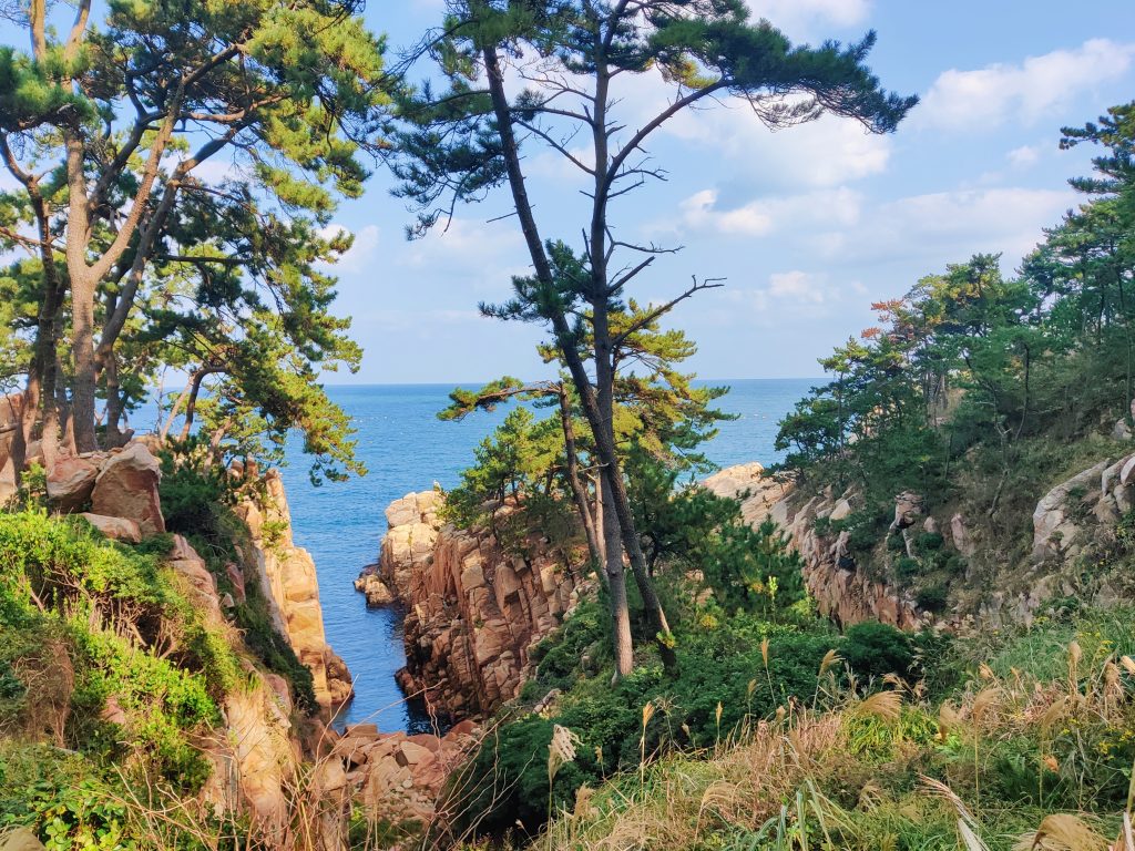 Rock formations and coastal views in Daewangam